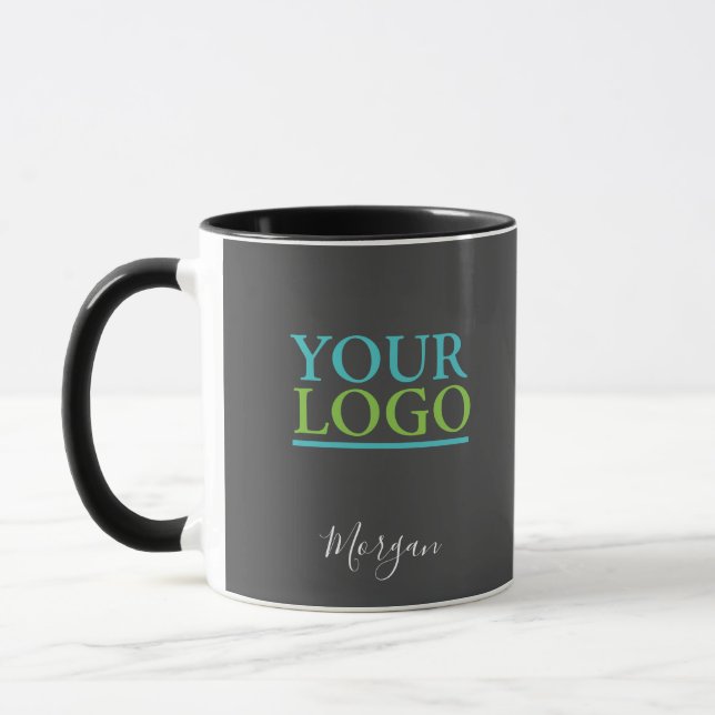Your Logo/Art/Photo, Name White Script, Dark Grey Mug (Left)