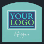 Your Logo/Art/Photo, Name White Script, Light Teal Door Sign<br><div class="desc">Personalise with your Company Logo,  Art or Photo and name in white script on Light Teal background. Click “Customise” to change colours and type styles.</div>