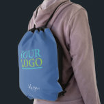 Your Logo/Art/Photo, White Script Name, Blue Drawstring Bag<br><div class="desc">Personalise with your Company Logo,  Art or Photo and Name in White Script on Blue background. Show your personal style wherever you go. Click “Customise” to change colours and type styles.</div>