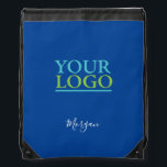 Your Logo/Art/Photo, White Script Name, Deep Blue Drawstring Bag<br><div class="desc">Personalise with your Company Logo,  Art or Photo and Name in White Script on Deep Blue background.</div>