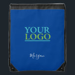Your Logo/Art/Photo, White Script Name, Deep Blue Drawstring Bag<br><div class="desc">Personalise with your Company Logo,  Art or Photo and Name in White Script on Deep Blue background.</div>