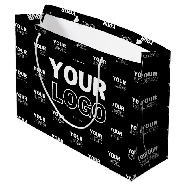 Your Logo & Background Repeating Logo | Black Large Gift Bag (Back Angled)