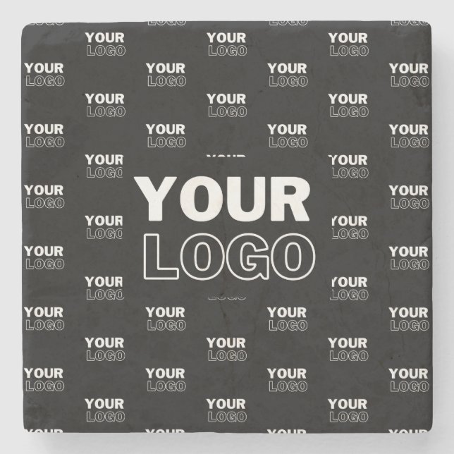 Your Logo & Background Repeating Logo | Black Stone Coaster (Front)