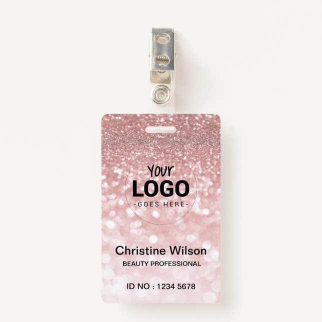 your logo beauty salon ID card FAUX pink glitter ID Badge (Front with Clip)