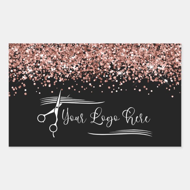 Your Logo Black and Rose Gold Glitter Glam Rectangular Sticker (Front)