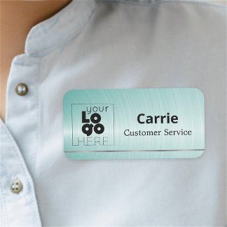 Your Logo Brushed Aqua Blue Name Tag with Silver