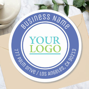 Your Logo, Bus. Name Address or Any Text, Med Blue Classic Round Sticker