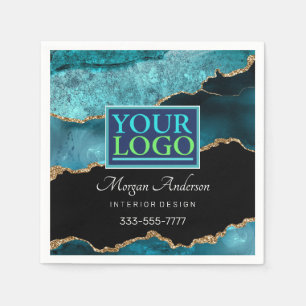 Your Logo, Business DIY, Teal Black Gold Agate Vs3 Napkin