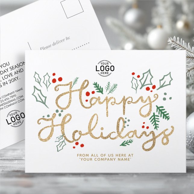 Your Logo Business Gold Happy Text Holidays White Holiday Postcard (Creator Uploaded)