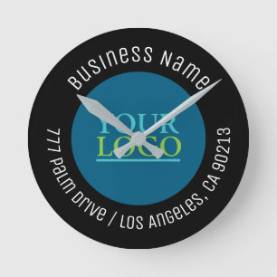 Your Logo, Business Name, Any Text, Black & Blue 2 Round Clock