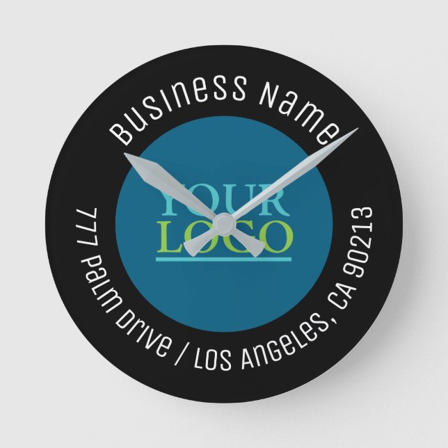 Your Logo, Business Name, Any Text, Black & Blue 2 Round Clock (Front)