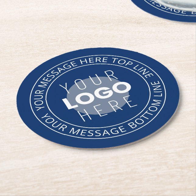 Your Logo & Customisable Circular Text | Navy Blue Round Paper Coaster (Angled)