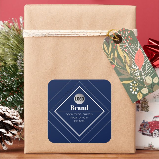 Your Logo & Customisable Modern Design | Navy Blue Square Sticker (Holiday)