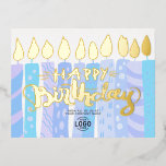 Your Logo Fun Blue Candles Business Happy Birthday Foil Holiday Postcard<br><div class="desc">Celebrate a birthday with a fun custom logo happy birthday card featuring whimsical hand drawn ten blue candles. The gold or silver foil lights and hand lettering writing features the Happy Birthday message. This is a stylish fun way to say Happy Birthday to clients, employees and business partners. Replace your...</div>