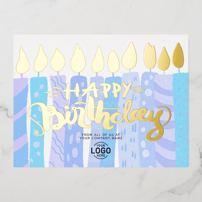 Your Logo Fun Blue Candles Business Happy Birthday Foil Holiday Postcard (Front)