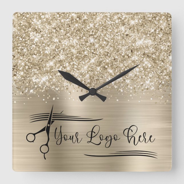 Your Logo Glittery Pale Gold Glam Square Wall Clock (Front)