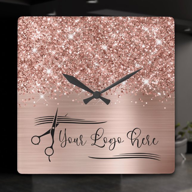 Your Logo Glittery Rose Gold Glam Square Wall Clock (Rose Gold Glitter and Foil Logo Square Wall Clock)