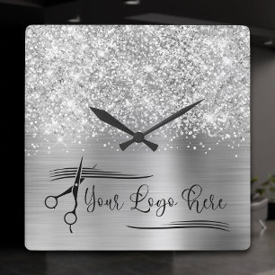 Your Logo Glittery Silver Glam Square Wall Clock
