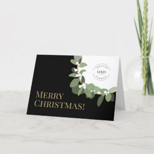 Your Logo Green Wreath Black Gold Merry Christmas Holiday Card