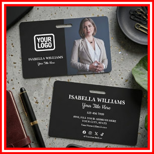 Your Logo Here Modern Black Photo Staff Name ID Badge