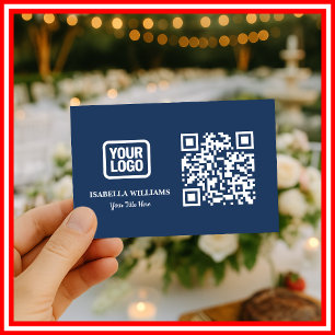 Your Logo Here Simple Modern Navy Blue QR Code Business Card