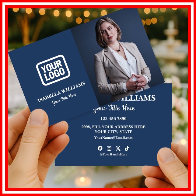 Your Logo Here Simple Modern Photo Navy Blue Business Card (Creator Uploaded)
