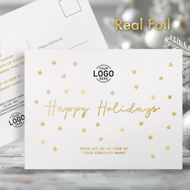 Your Logo Minimalist Gold Stars Business Holidays Foil Holiday Postcard (Creator Uploaded)