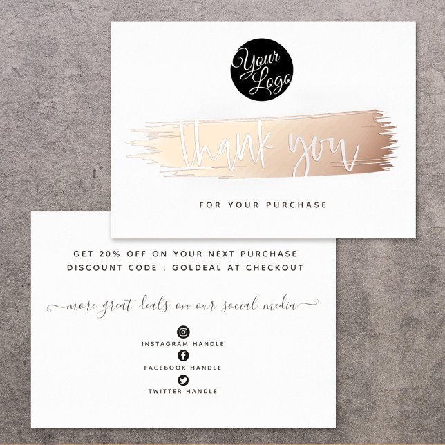 Your Logo Modern Rose Gold Thank You Discount Card (Creator Uploaded)