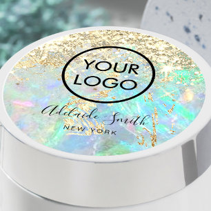 your logo on faux glitter opal background classic round sticker