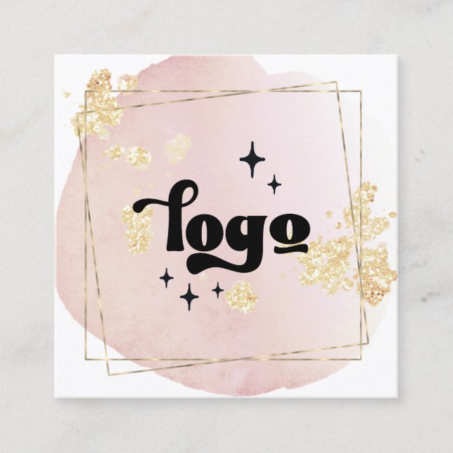 your logo on pink watercolor square business card (Front)