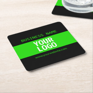 Your Logo or Image   Black & Bright Green Square Paper Coaster