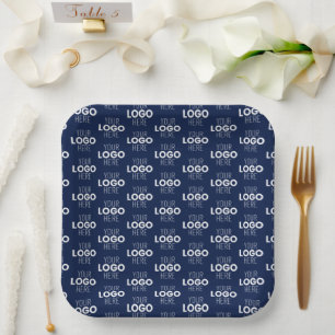 Your Logo or Image Repeating Pattern Navy Blue Paper Plate
