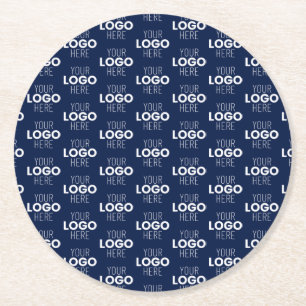 Your Logo or Image Repeating Pattern   Navy Blue Round Paper Coaster