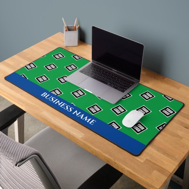 Your Logo Pattern, Business Name, Blue & Green Desk Mat (Office 2)