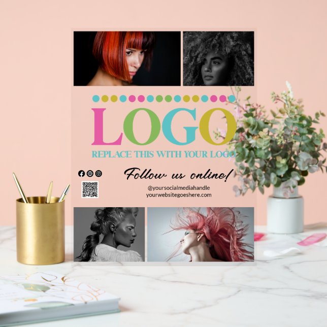Your Logo Photos QR Code Social Media Promo Acrylic Sign (Wedding)