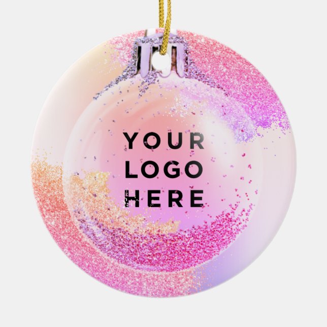 Your Logo Pink Girly Glitter Christmas Ceramic Tree Decoration (Front)
