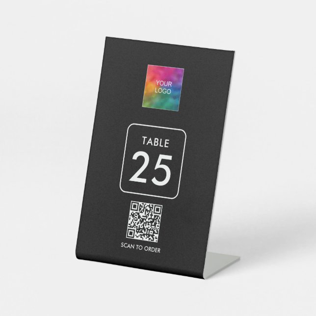 Your Logo QR Code Here Table Number Black Pedestal Sign (Front)