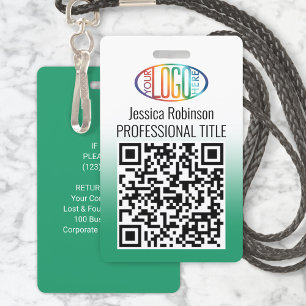 Your Logo, QR Code, Name and Title Green Gradient ID Badge