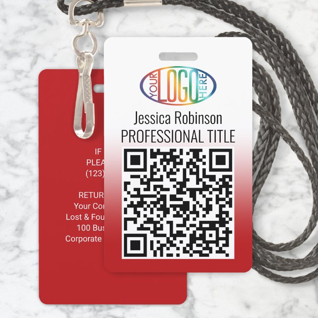 Your Logo, QR Code, Name and Title Red Gradient ID Badge (Creator Uploaded)