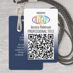 Your Logo, QR, Name and Title Navy Blue Gradient ID Badge