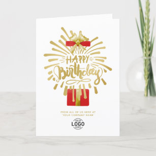 Your Logo Red Gift Gold Fireworks Group Birthday Card