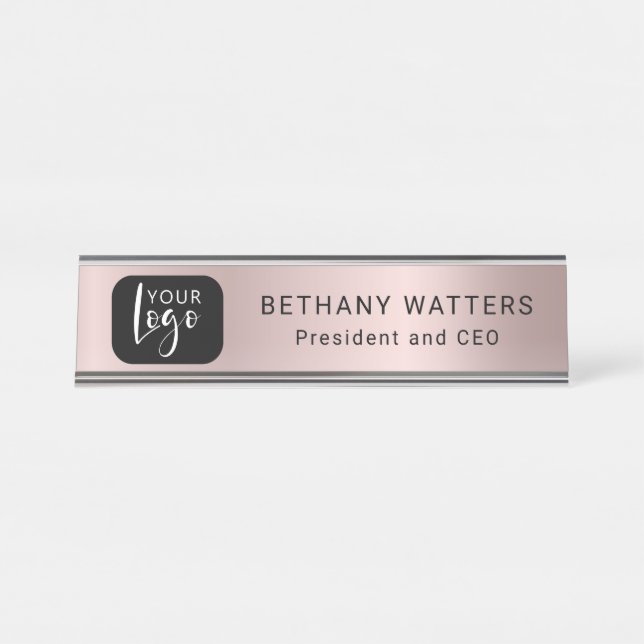 Your Logo Rose Gold Blush Metallic Chic Modern Desk Name Plate (Front)