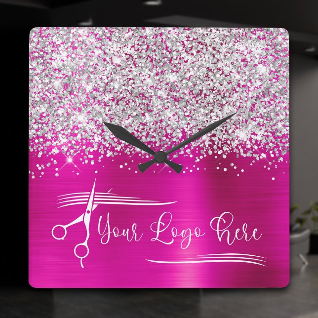 Your Logo Silver Glitter Hot Pink Glam Square Wall Clock (Your Logo Silver Glitter Hot Pink Glam Square Wall Clock)