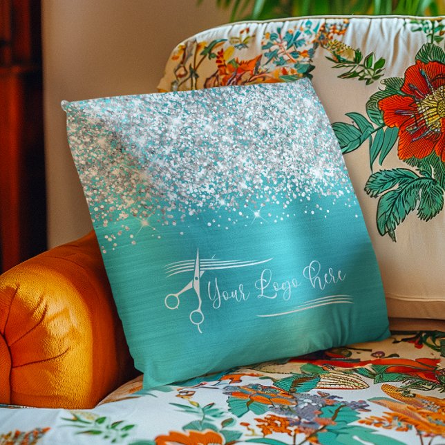 Your Logo Silver Glitter Turquoise Blue Glam Cushion (Your Logo Silver Glitter Turquoise Blue Glam Throw Pillow)