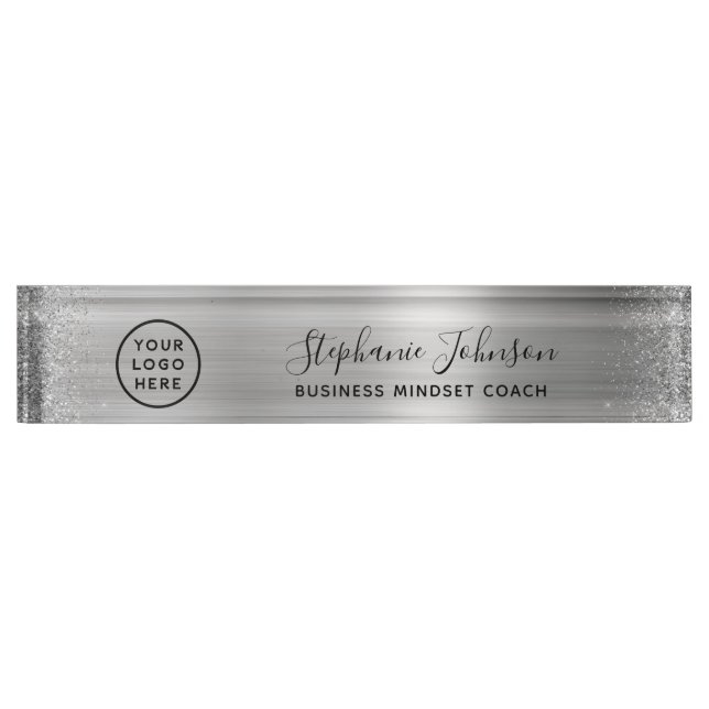 Your Logo Silver Metallic Glitter Boss Lady Desk N Nameplate (Front)