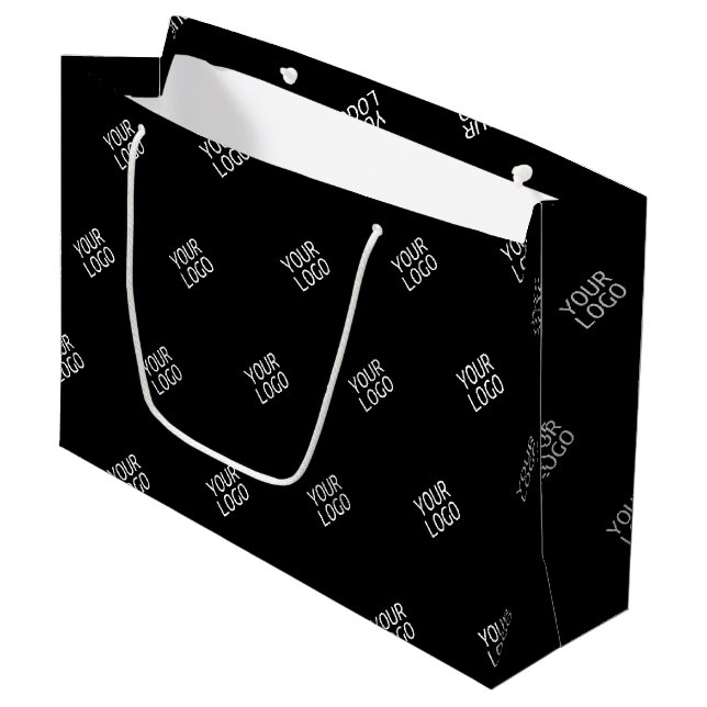 Your Logo Simple Repeating Logo Pattern | Black Large Gift Bag (Front Angled)