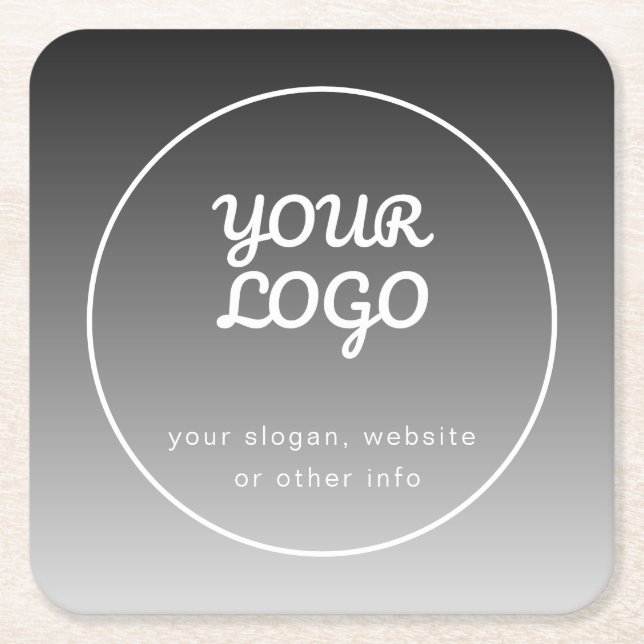 Your Logo & Text | Dark Grey Gradient Square Paper Coaster (Front)