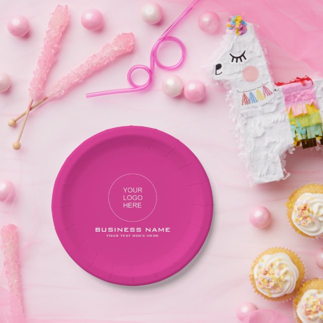 Your Logo Text Pink Solid Colour Round Personalise Paper Plate (Party)