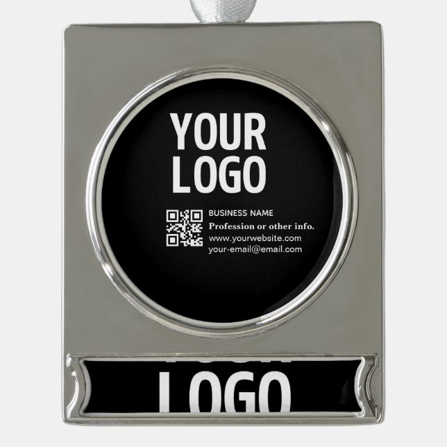 Your Logo w/Editable QR code & Text  Silver Plated Banner Ornament (Front)