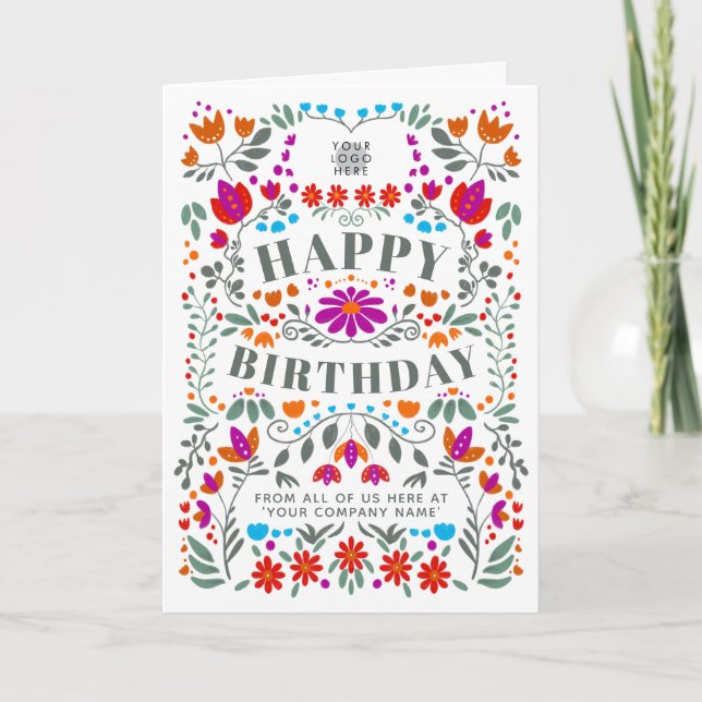 Your Logo Whimsical Folk Flowers Business Birthday Card (Front)